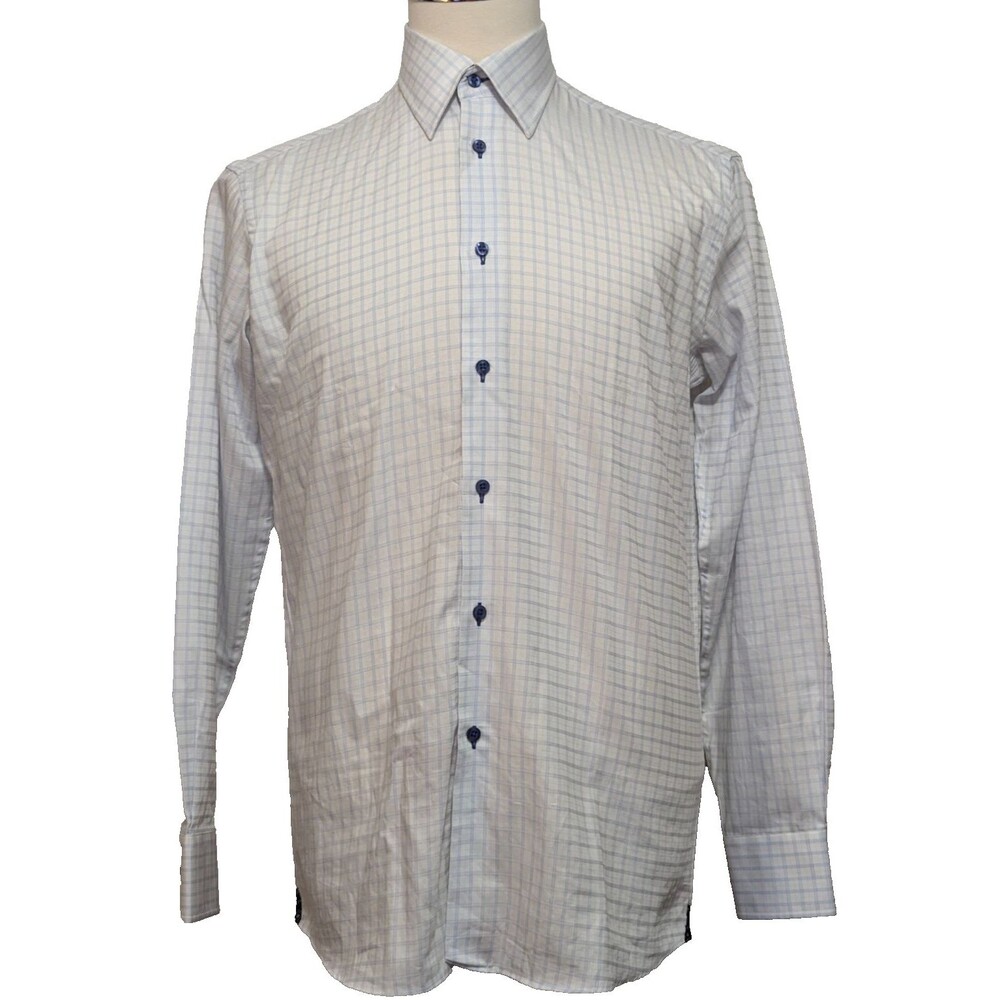 REV Men's Shirt Medium White Blue Check Paisley Trim Casual Button Up L/ Sleeve